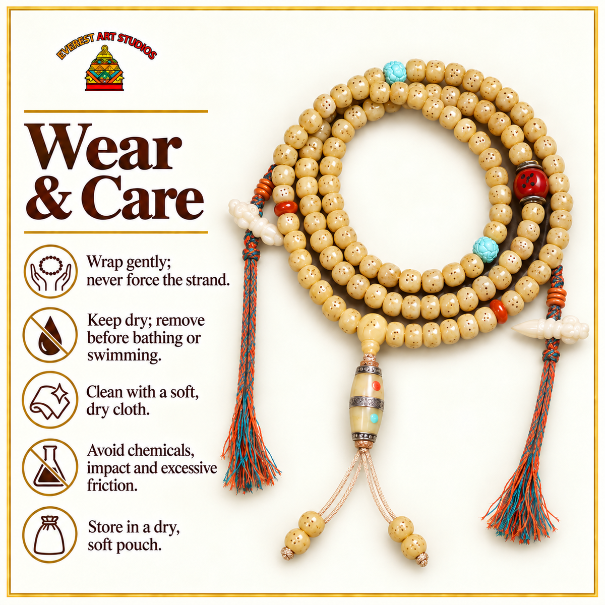 Camel bone Tibetan mala — care