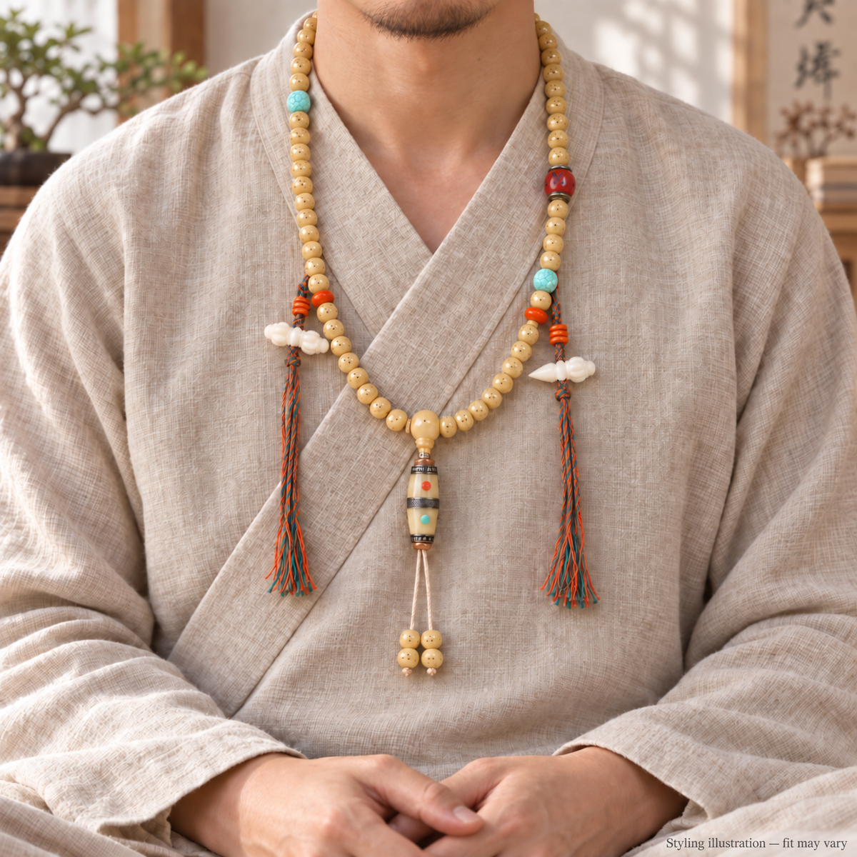 Camel bone Tibetan mala — linen seated — styling illustration, fit may vary