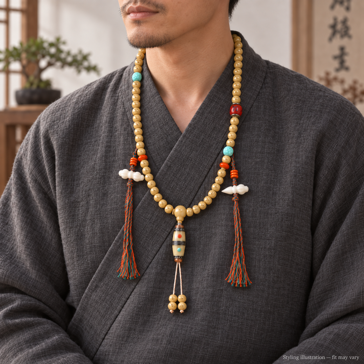 Camel bone Tibetan mala — linen side — styling illustration, fit may vary