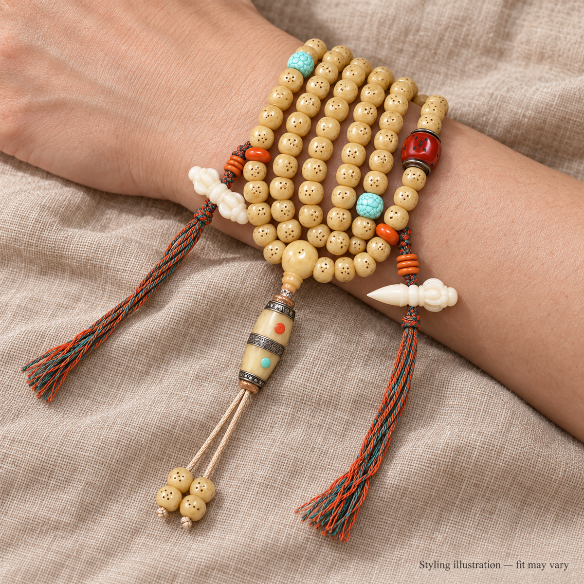 Camel bone Tibetan mala — wrist resting — styling illustration, fit may vary