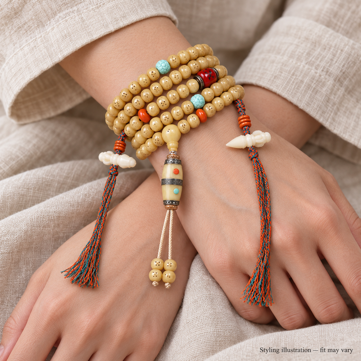 Camel bone Tibetan mala — wrist crossed — styling illustration, fit may vary