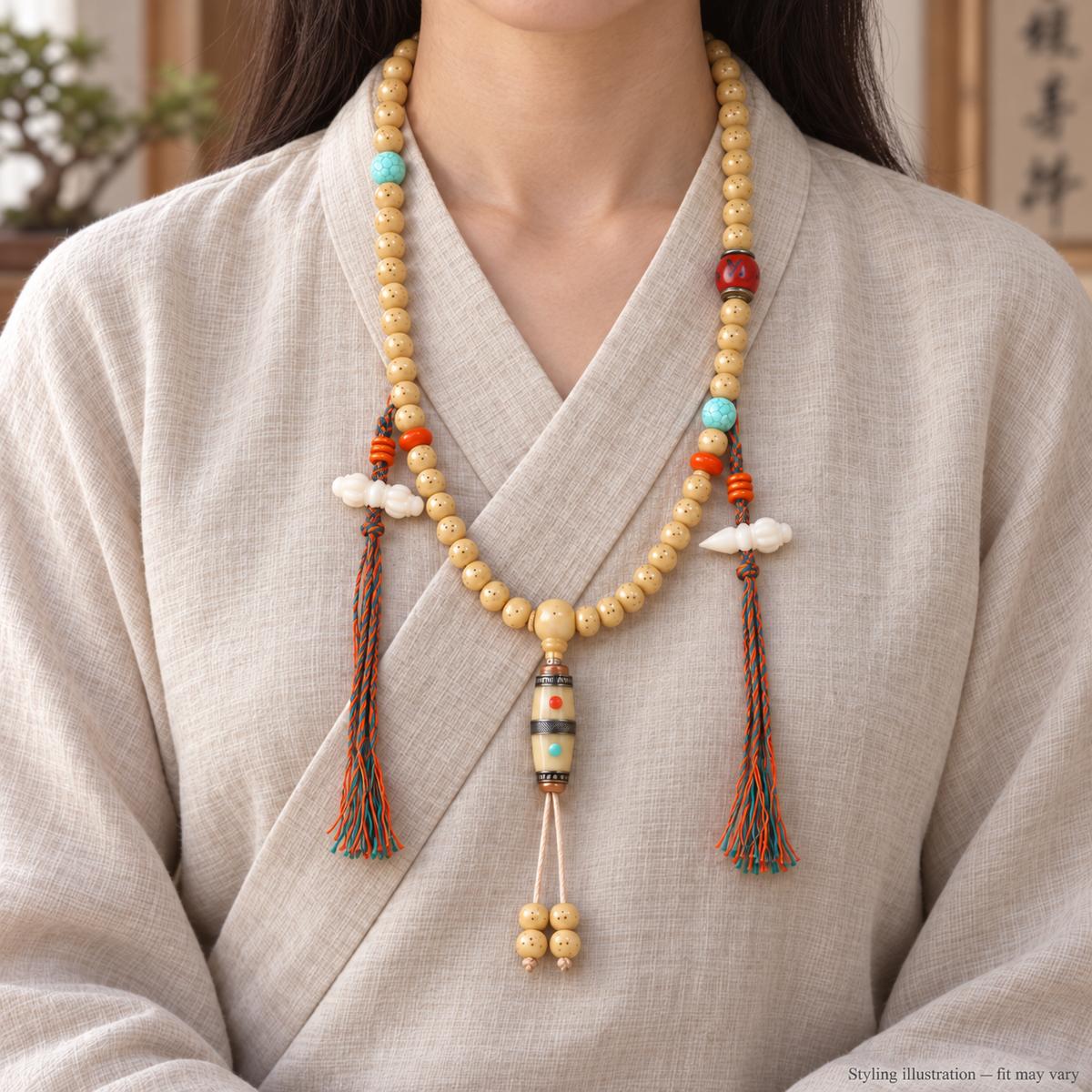 EverestArtstudios Natural Golden-Yellow Camel Bone 108-Bead Mala with Carved Dice