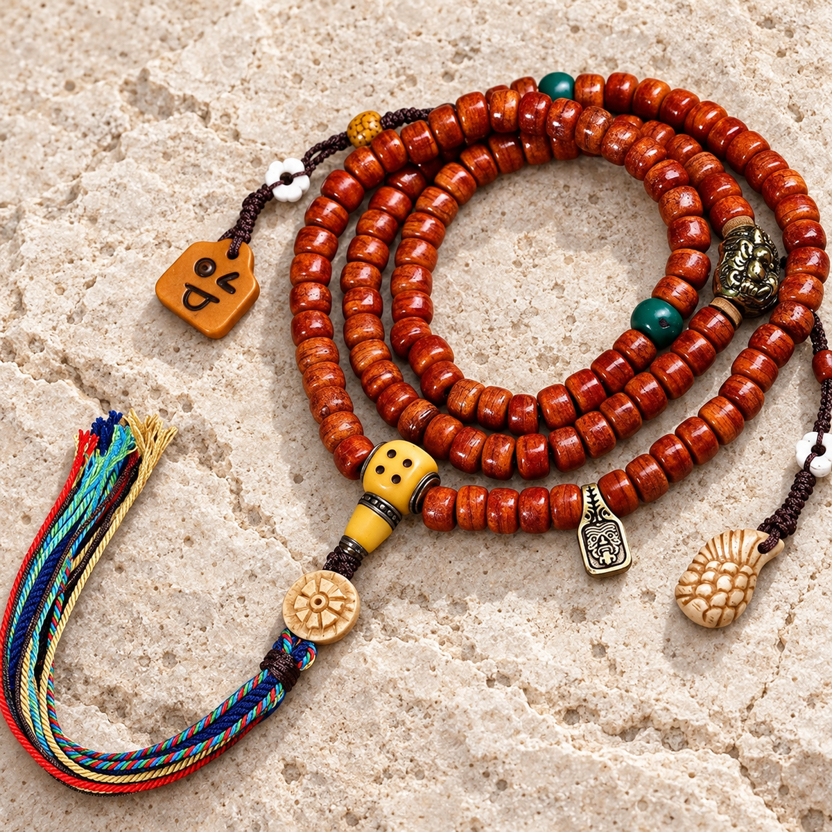 EverestArtstudios Tibetan Vintage Camel Bone 108-Bead Mala with Zaki Lhamo Clip — overall display