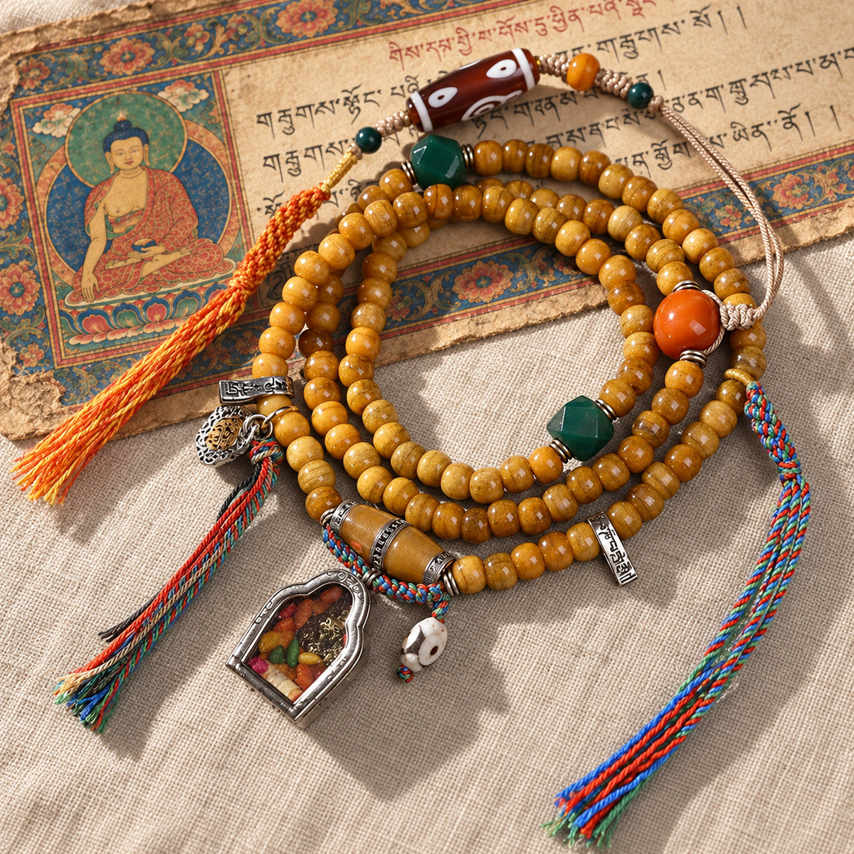 EverestArtstudios Natural Camel Bone 108-Bead Mala with Zaki Lhamo Gau Pendant — full product