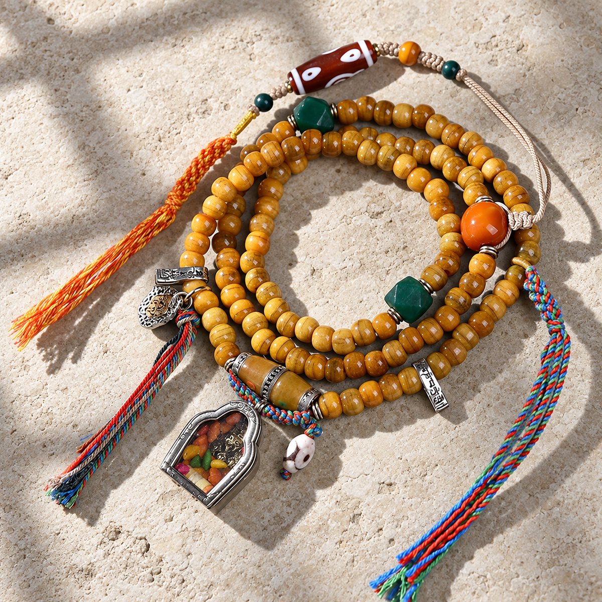 EverestArtstudios Natural Camel Bone 108-Bead Mala with Zaki Lhamo Gau Pendant — overall display