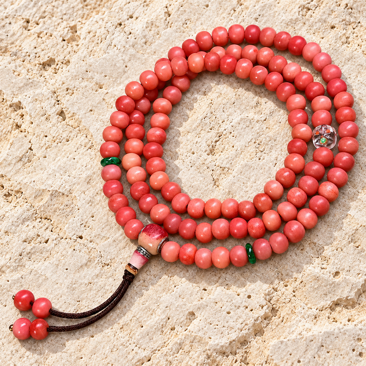 EverestArtstudios Natural Full-Blood Camel Bone 108-Bead Mala with Glass and Bone Guru Bead — overall display
