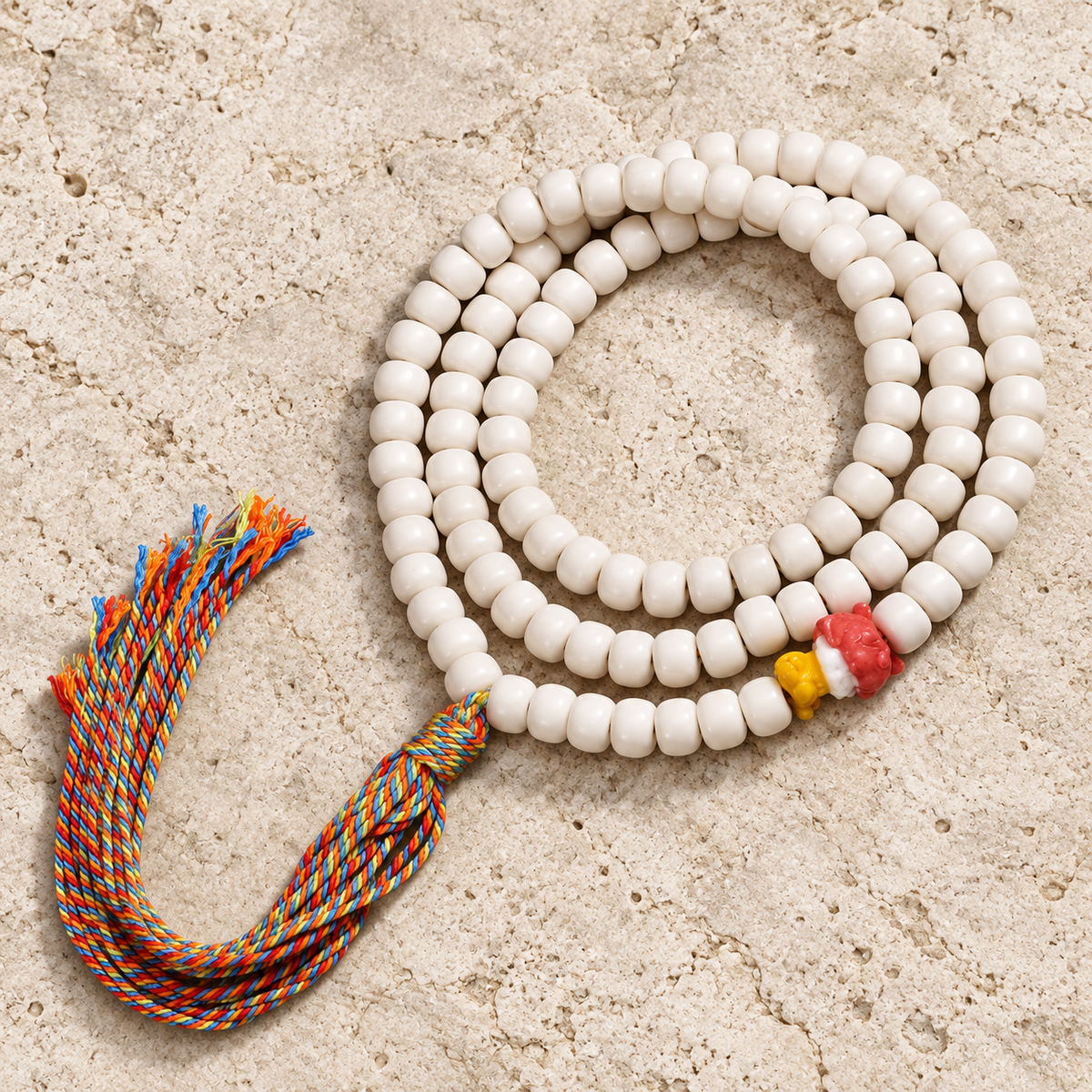 EverestArtstudios Natural Yak Bone 108-Bead Mala with Antler Accents — overall display