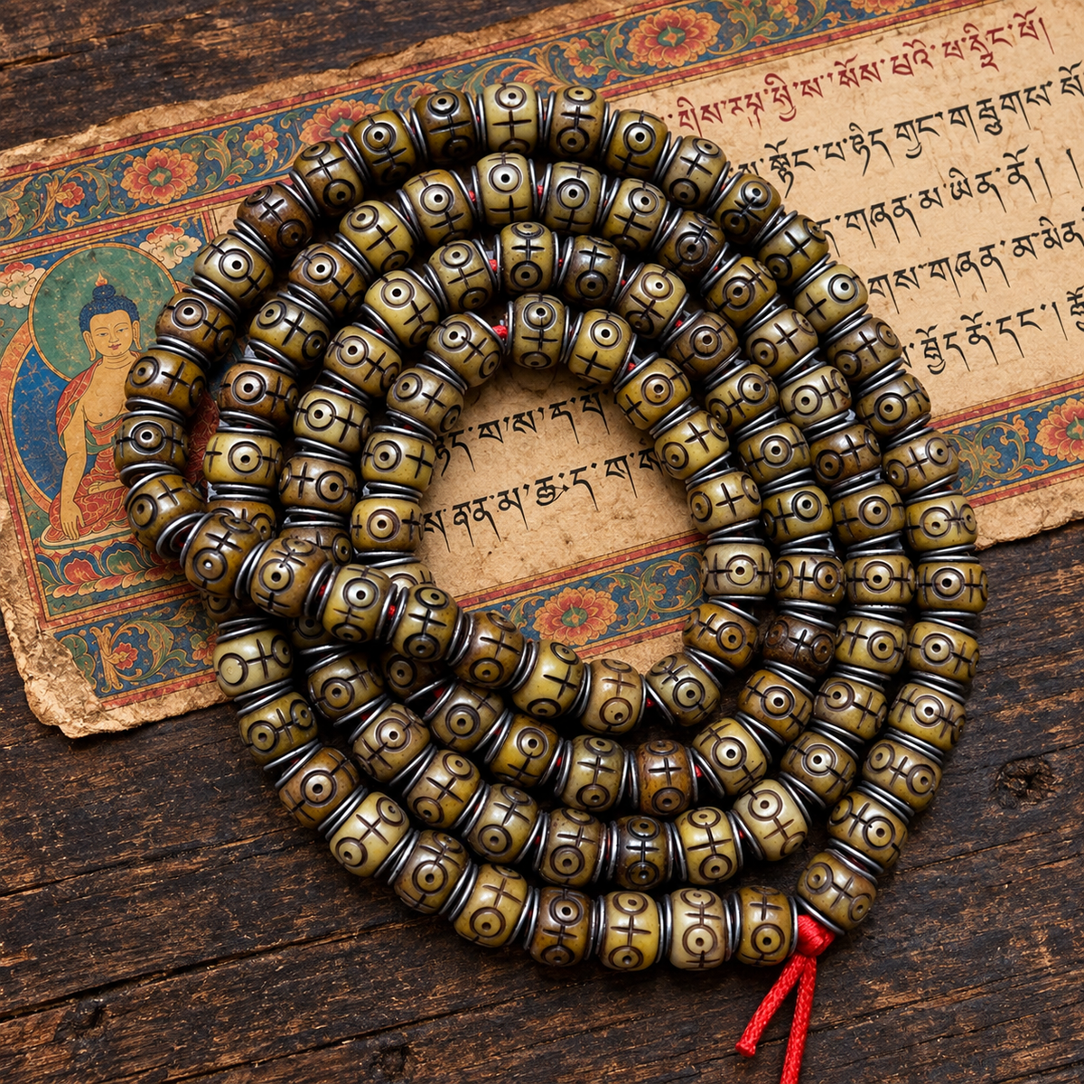 EverestArtstudios Natural Camel Bone Silver-Tone Inlay 108-Bead DIY Strand — full product