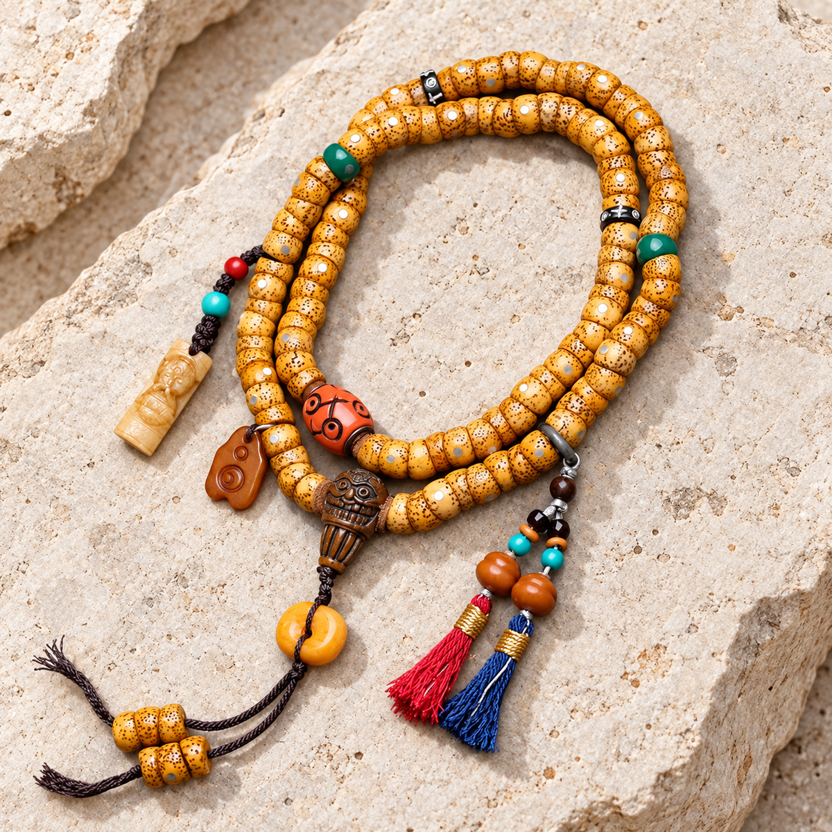 EverestArtstudios Xingyue Bodhi 108-Bead Mala with Bone and Safety Ring Accents — overall display