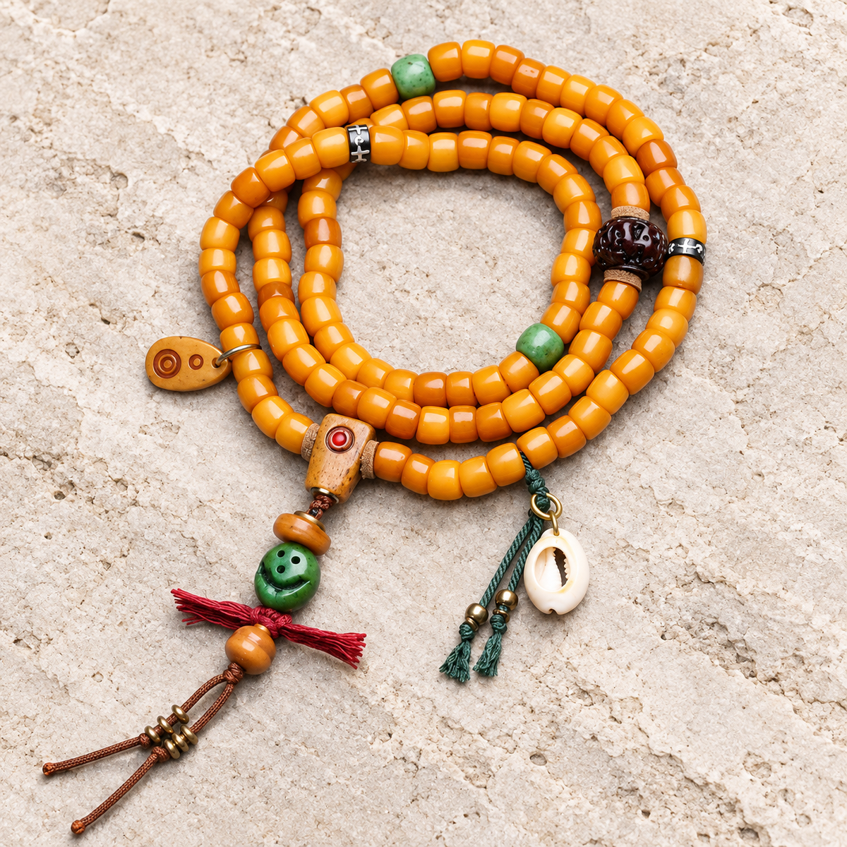 EverestArtstudios Yak Bone 108-Bead Mala with Vajra Bodhi and Camel Bone Accents — overall display