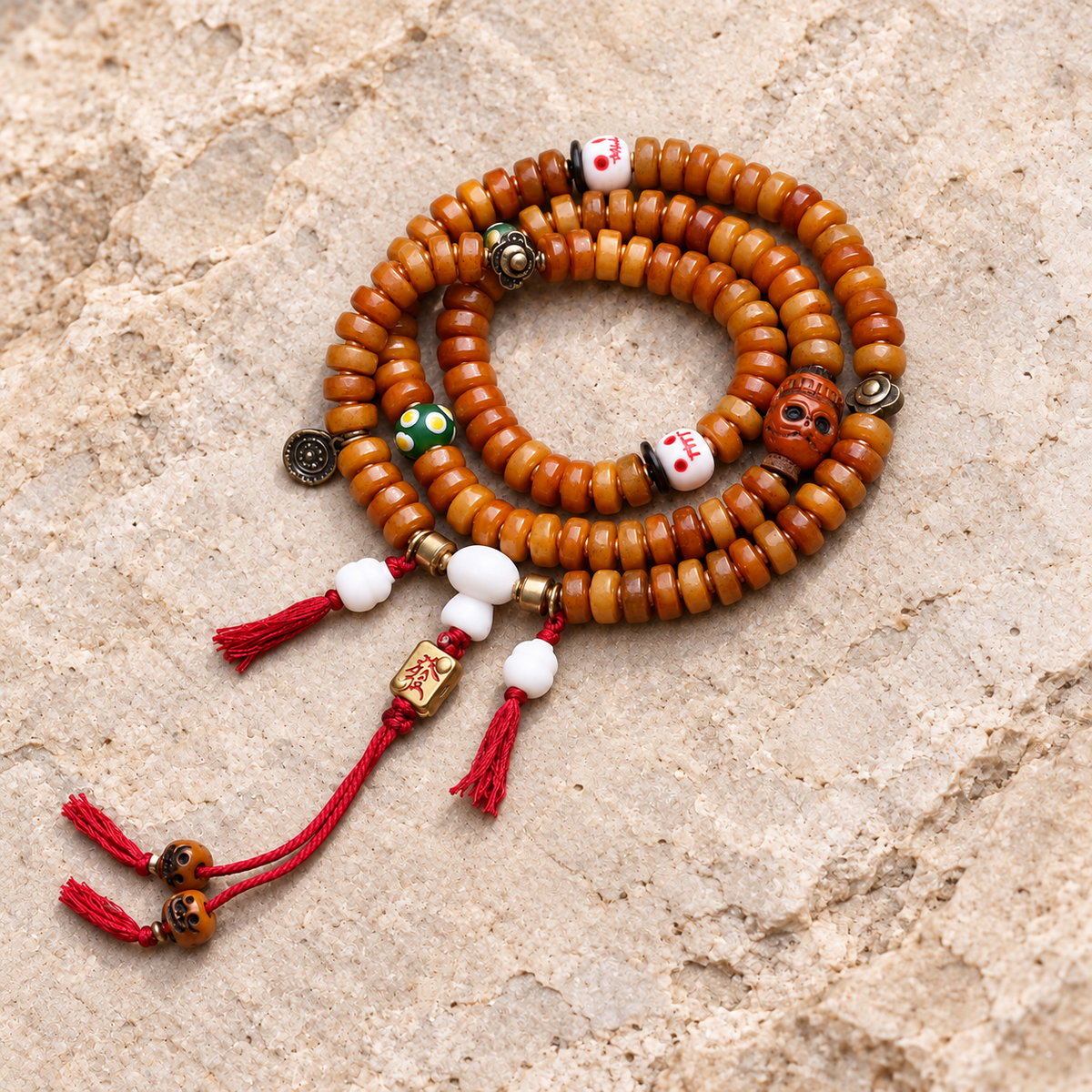 EverestArtstudios Bone 108-Bead Mala with Yak Bone, Glass and Deer Bone Accents — overall display