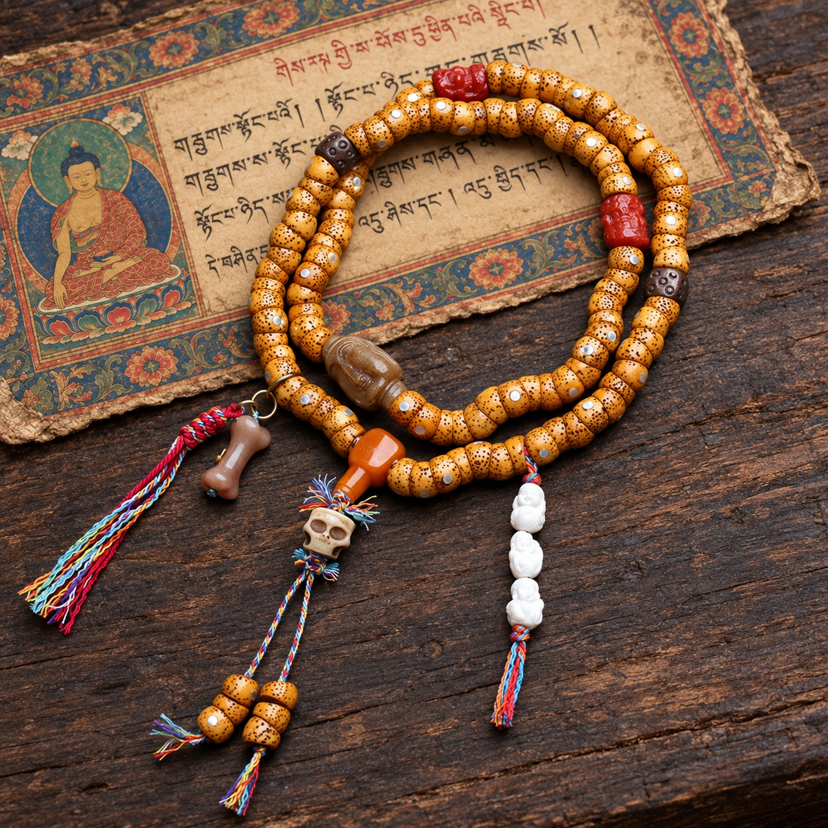 EverestArtstudios Xingyue Bodhi 108-Bead Mala with Yak Bone and Red Agate Accents — full product