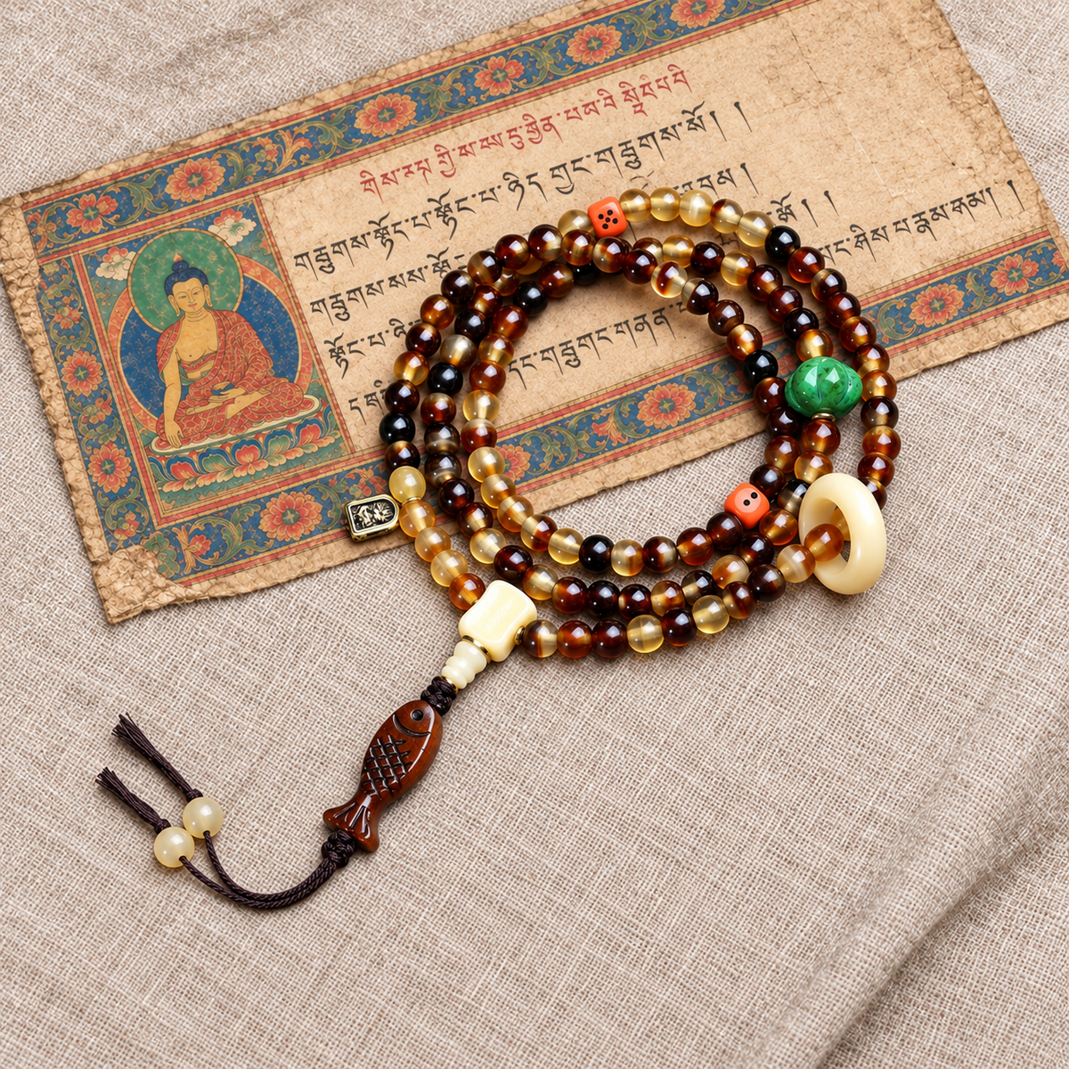 EverestArtstudios Golden Armor 108-Bead Mala with Bone and Dice Accents — full product