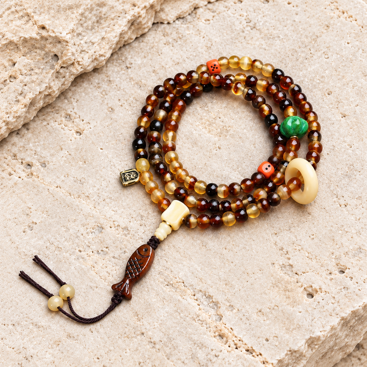 EverestArtstudios Golden Armor 108-Bead Mala with Bone and Dice Accents — overall display