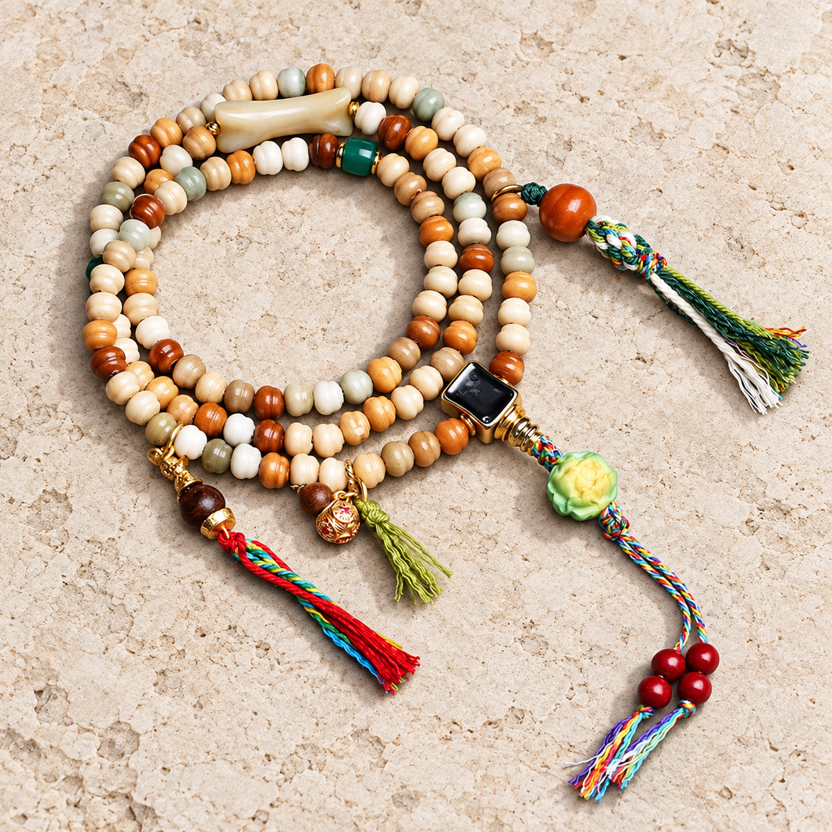 EverestArtstudios Dragon Ridge Bodhi 108-Bead Mala with Agate and Gourd Motif Accents — overall display