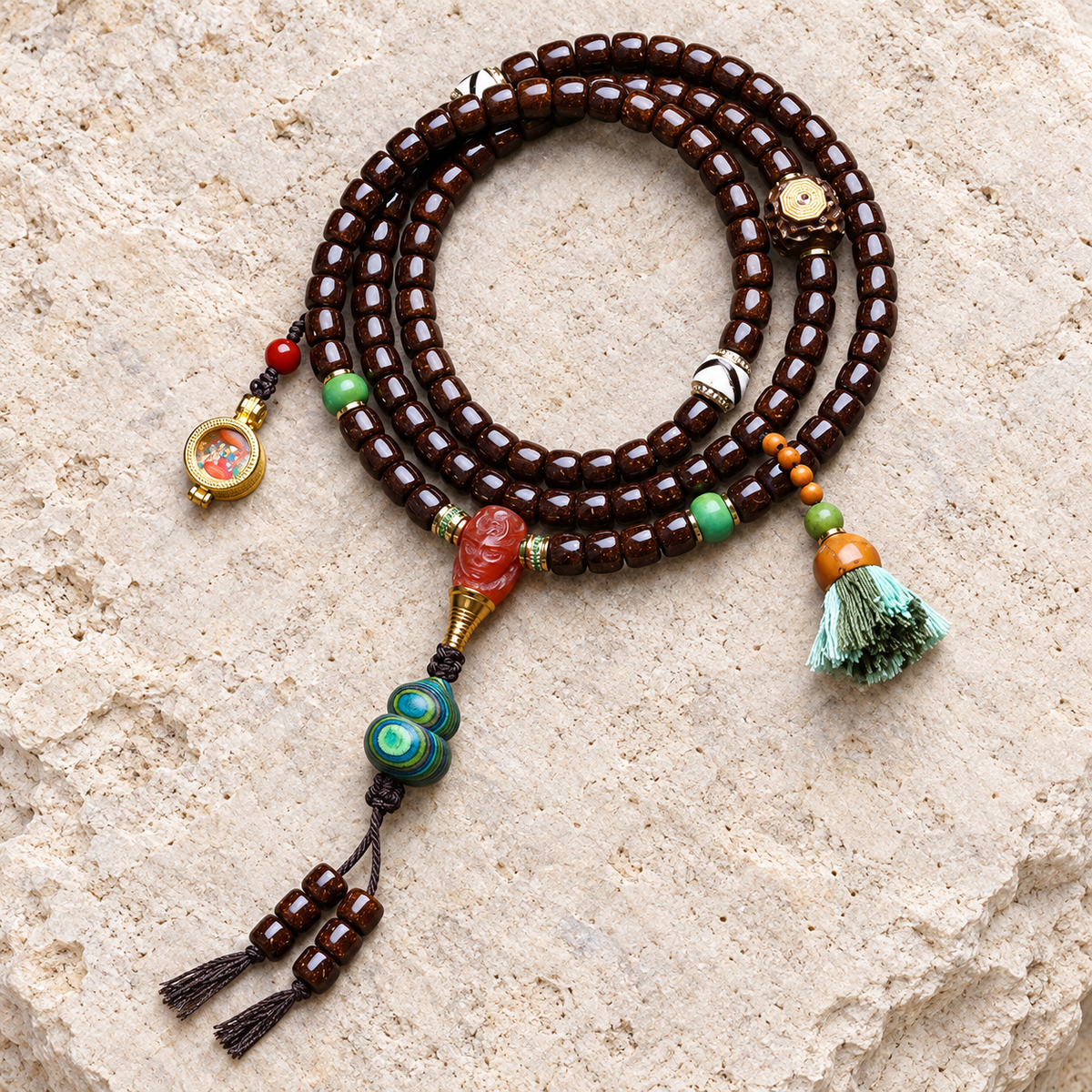EverestArtstudios Coconut 108-Bead Mala with Dzi-Style Beads and Ghau Pendant — overall display
