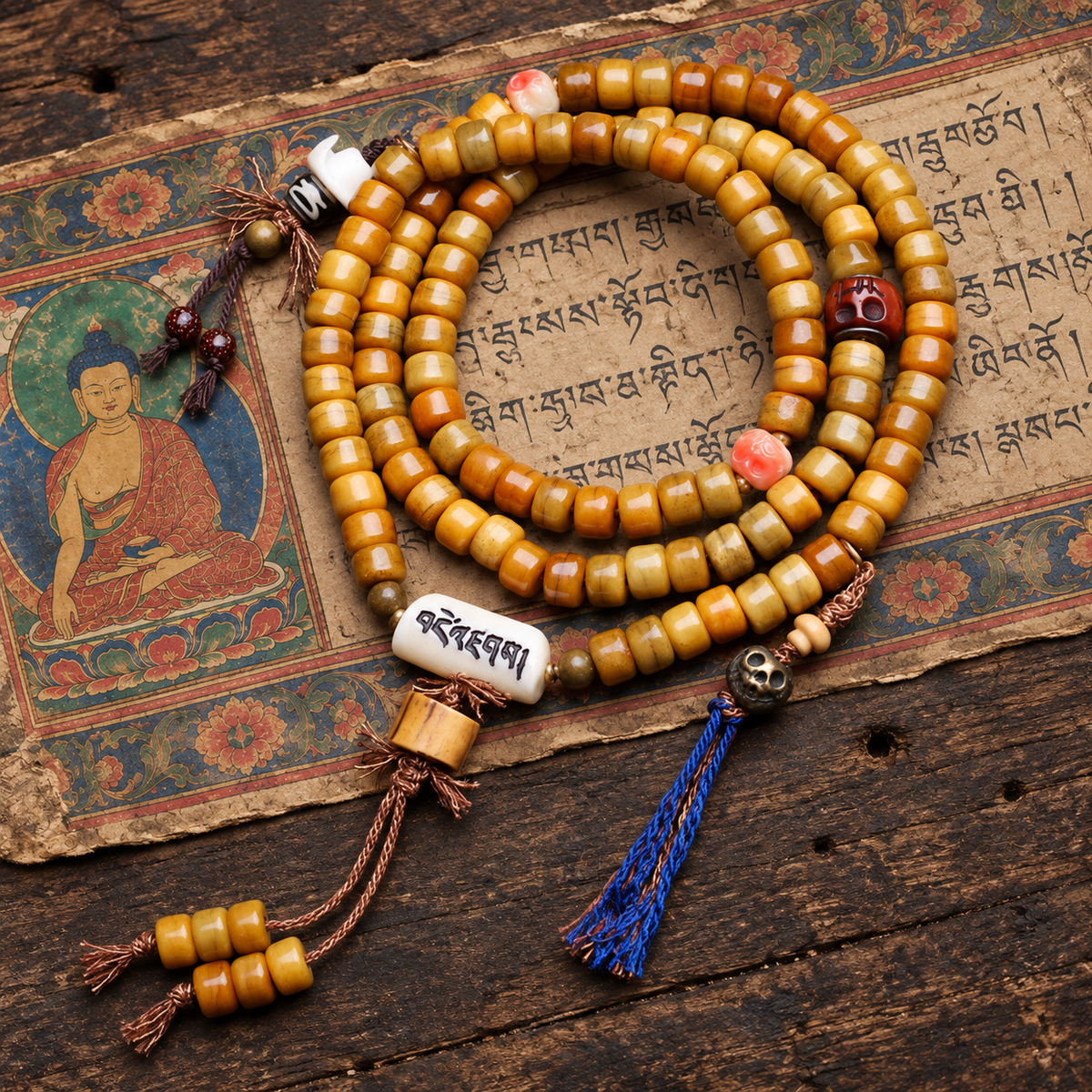 EverestArtstudios Yak Bone 108-Bead Mala with Dzi-Style Agate in Six Styles — full product