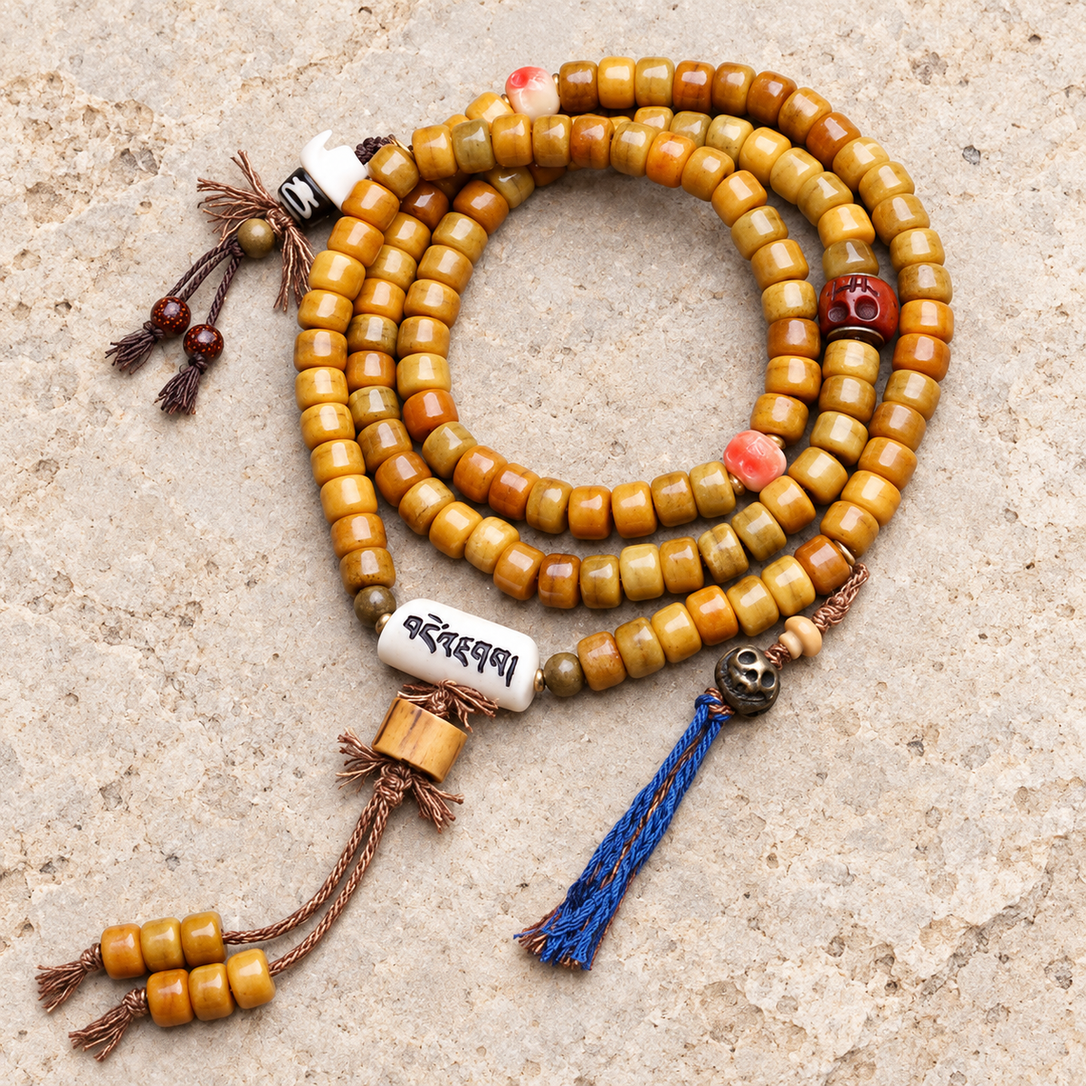 EverestArtstudios Yak Bone 108-Bead Mala with Dzi-Style Agate in Six Styles — overall display