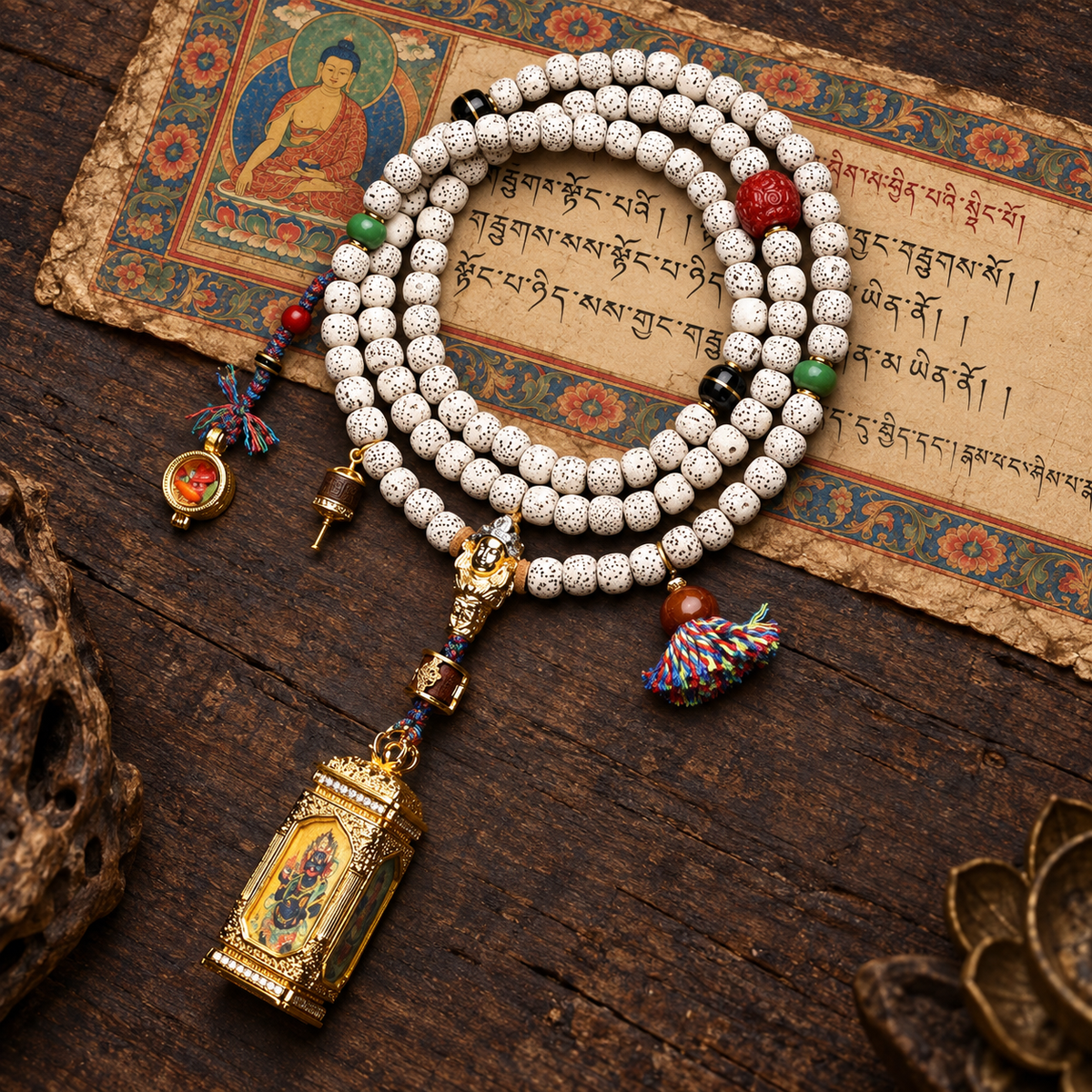 EverestArtstudios Xingyue Bodhi 108-Bead Mala with Four-Sided Thangka and Agate Accents — full product