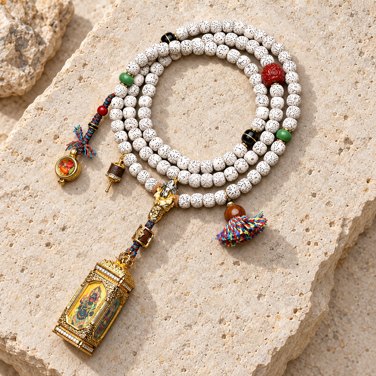 EverestArtstudios Xingyue Bodhi 108-Bead Mala with Four-Sided Thangka and Agate Accents — overall display