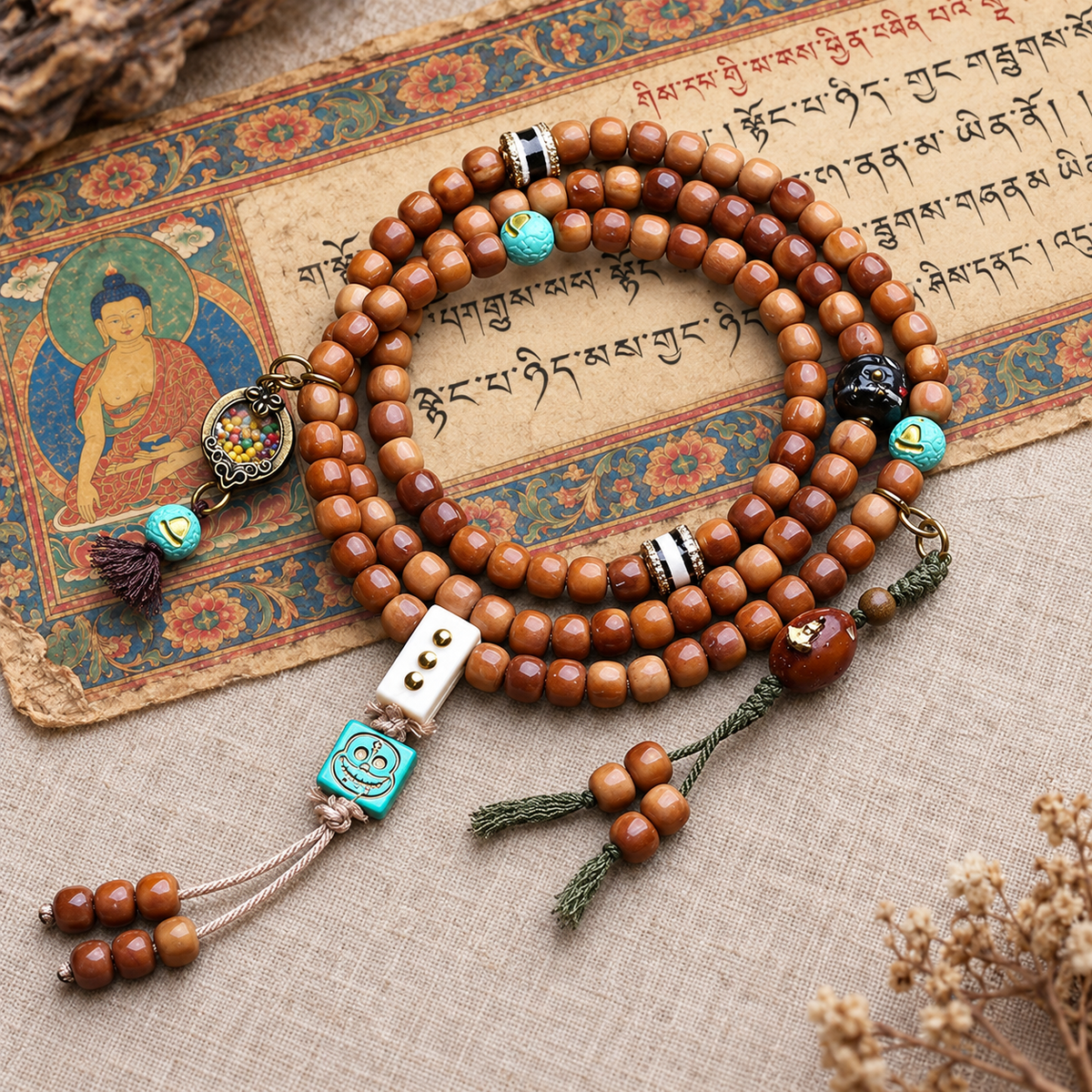 EverestArtstudios 108-Bead Mala with Phoenix Eye Bodhi, Agate and Antler Accents — full product