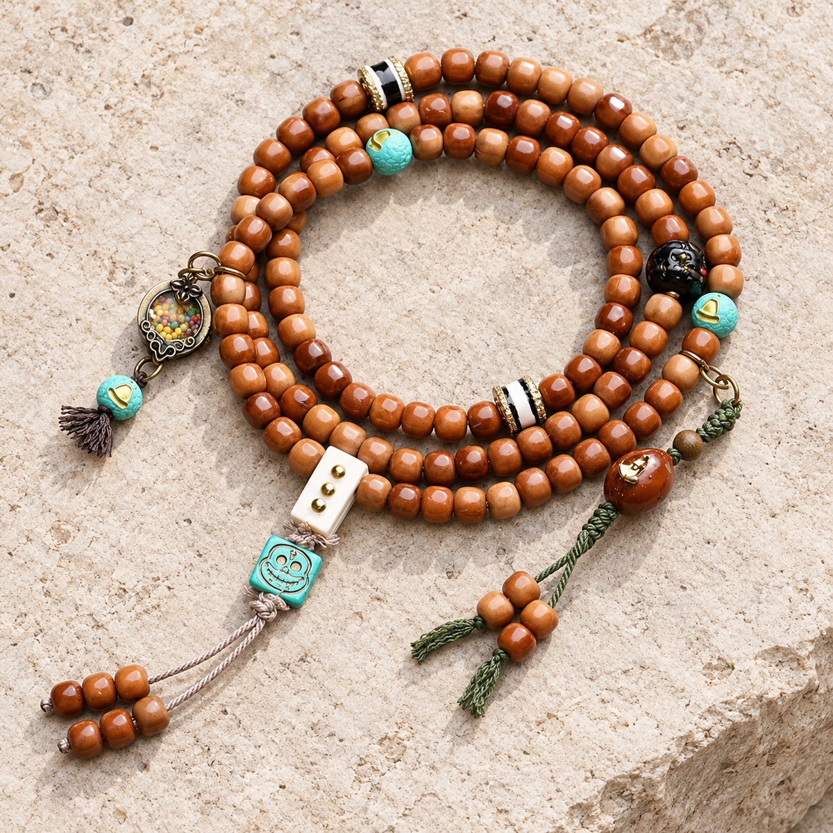 EverestArtstudios 108-Bead Mala with Phoenix Eye Bodhi, Agate and Antler Accents — overall display