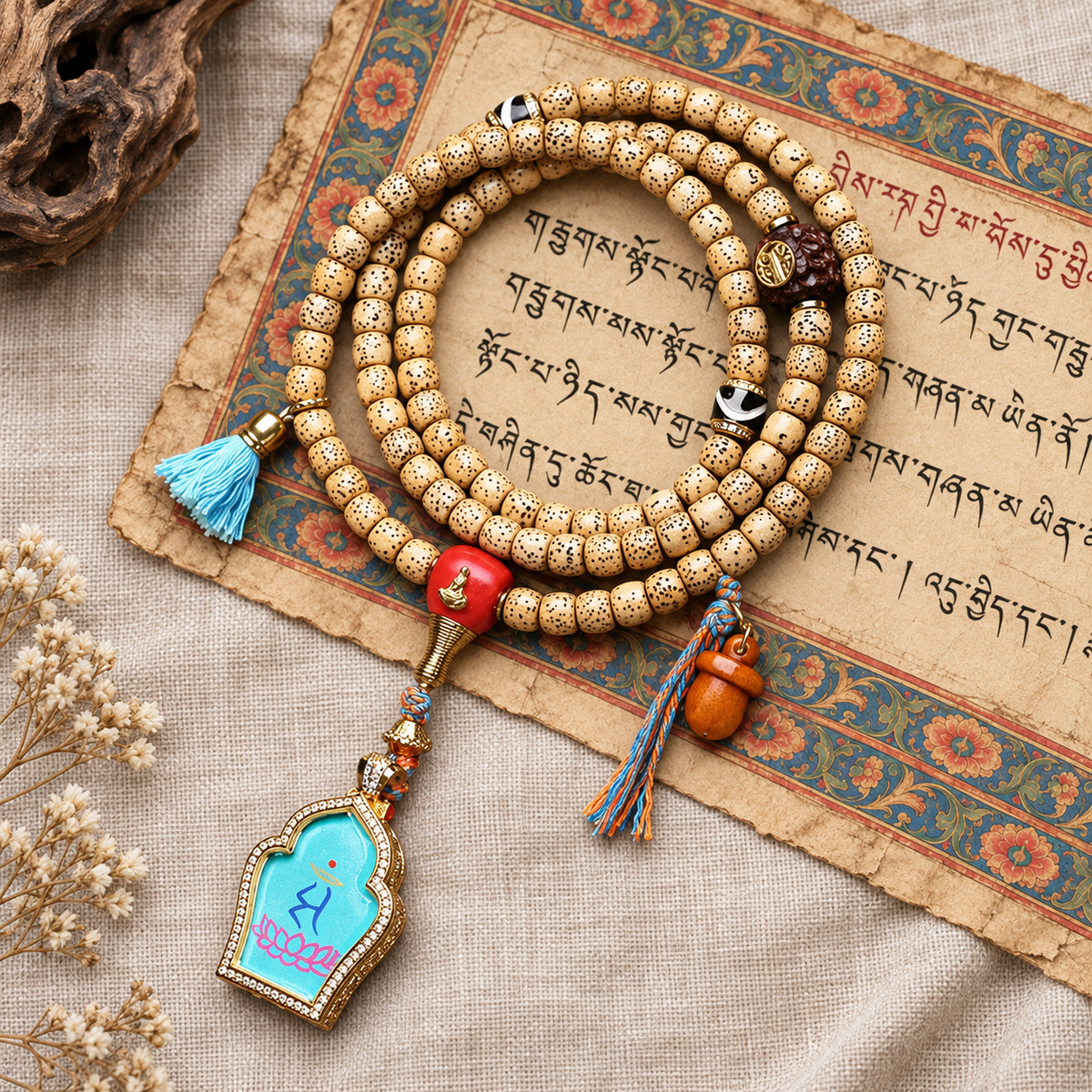 EverestArtstudios Xingyue Bodhi 108-Bead Mala with Manjushri-Inspired Thangka Pendant — full product