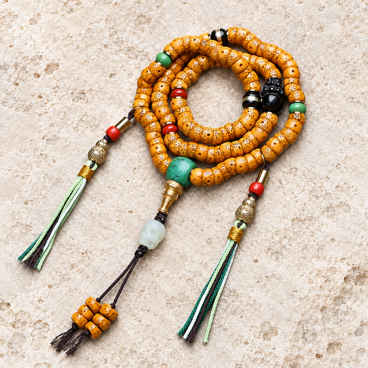 EverestArtstudios Xingyue Bodhi 108-Bead Mala with Obsidian, Turquoise and Agate — overall display