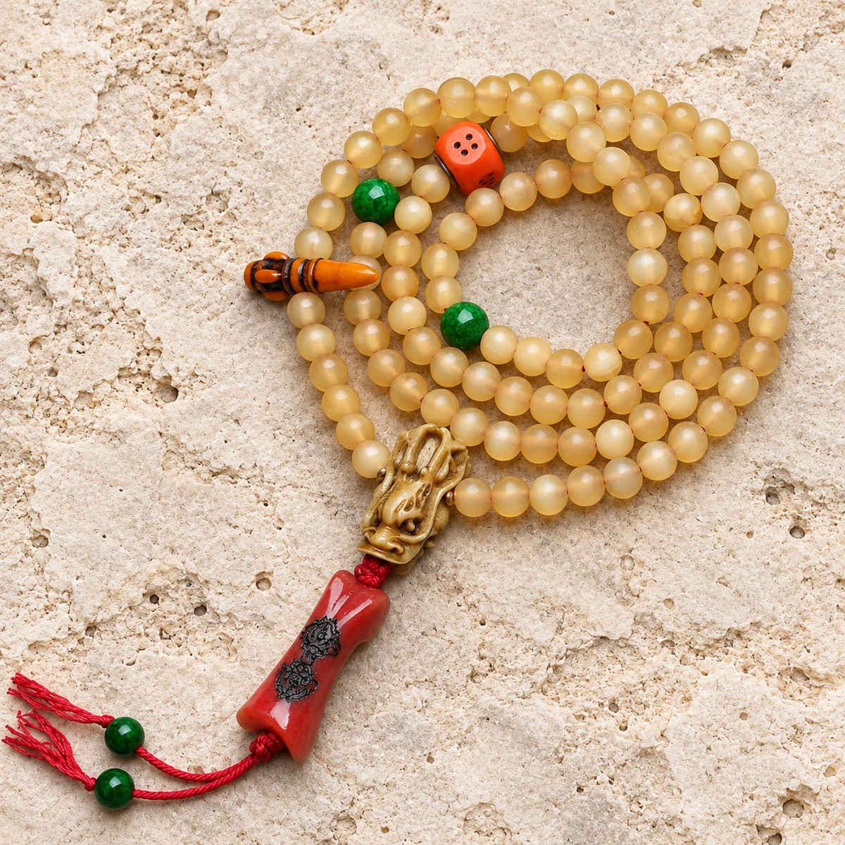 EverestArtstudios 108-Bead Mala with Agate and Bone Accents — overall display