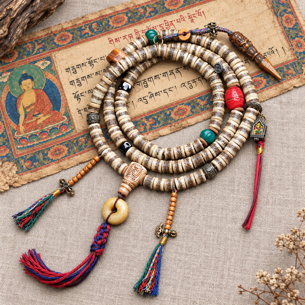 EverestArtstudios 108-Bead Mala with Camel Bone and Ghau Pendant — full product