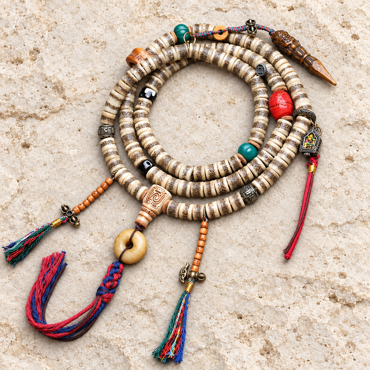 EverestArtstudios 108-Bead Mala with Camel Bone and Ghau Pendant — overall display