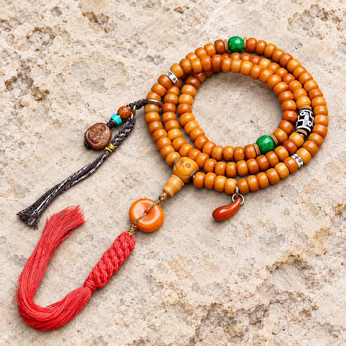 EverestArtstudios Yak Bone 108-Bead Mala in Four Decorative Styles — overall display