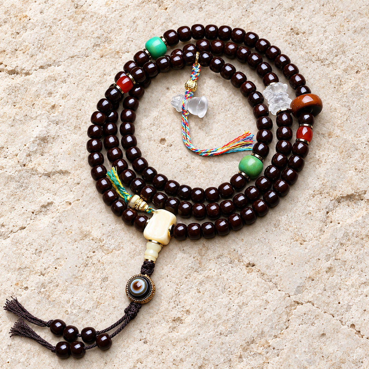 EverestArtstudios Coconut Barrel-Bead Mala with Agate and Crystal Lotus Accents — overall display