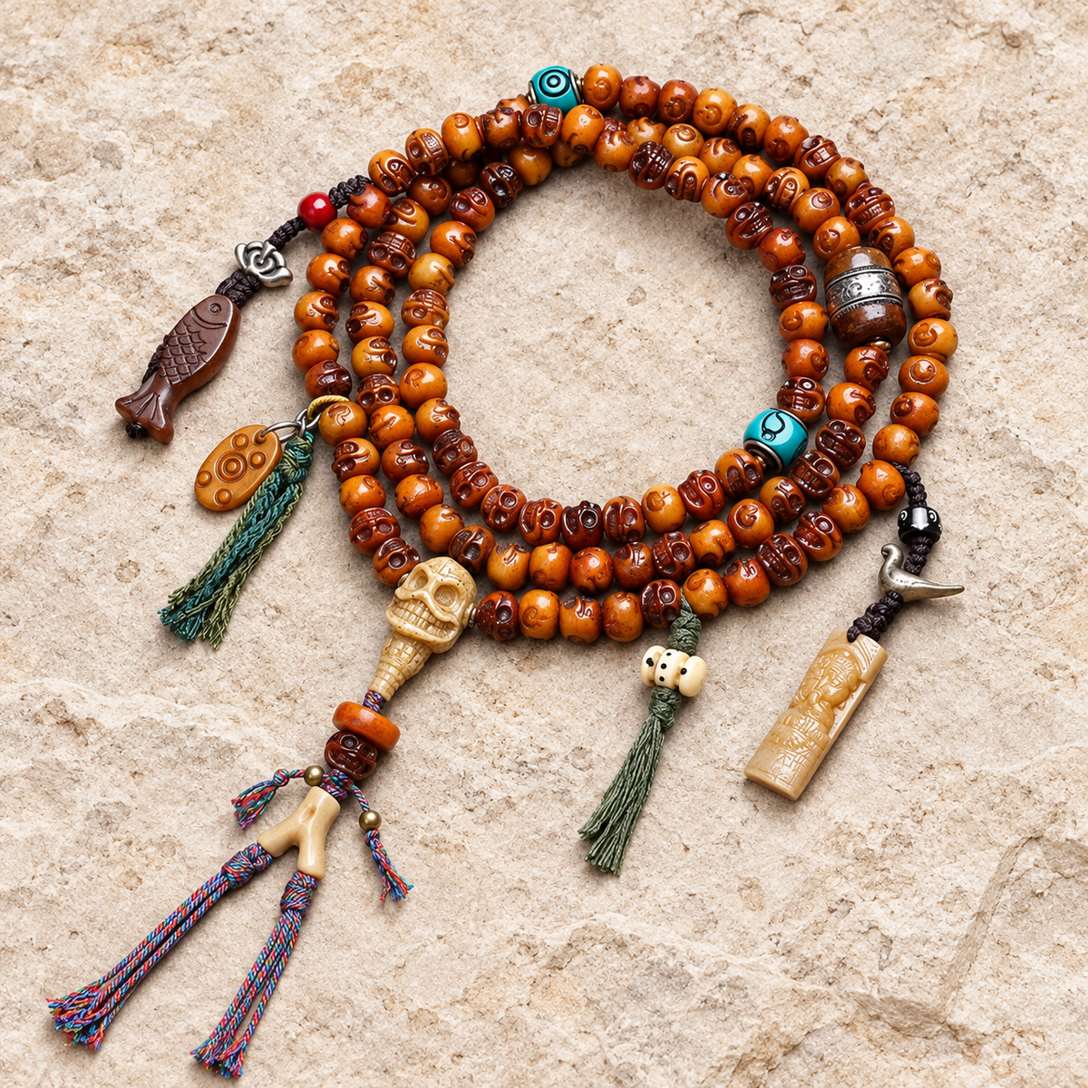 EverestArtstudios Carved Camel Bone 108-Bead Mala with Yak Bone and Agate Accents — overall display