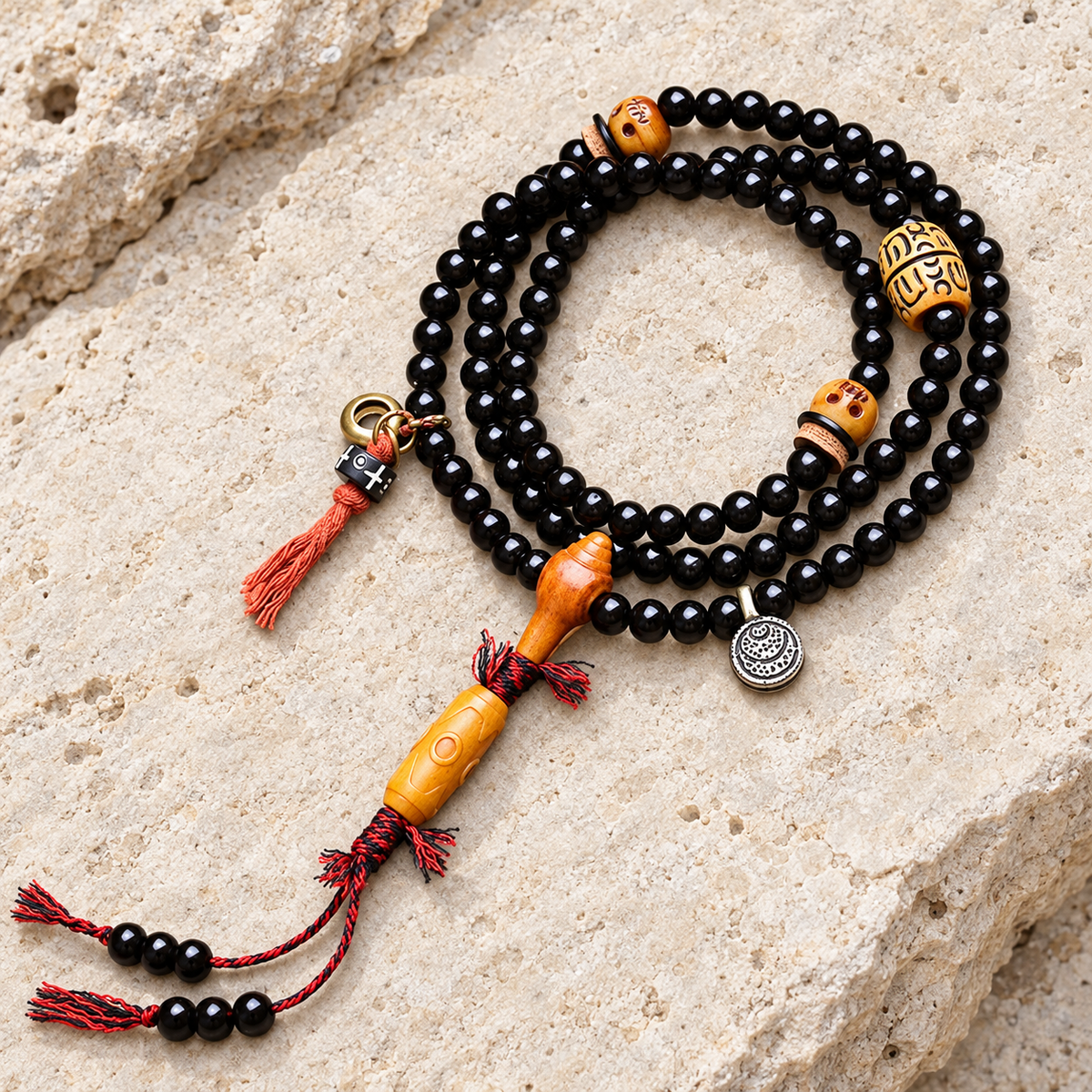 EverestArtstudios Coconut 108-Bead Mala with Three-Eye Dzi-Style and Bone Accents — overall display
