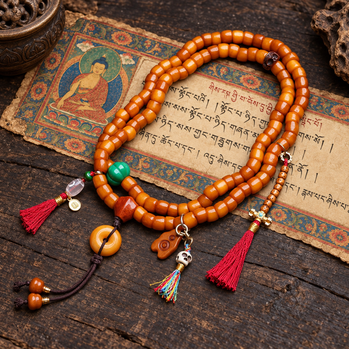 EverestArtstudios Bone 108-Bead Mala with Agate and Safety Ring Accents — full product