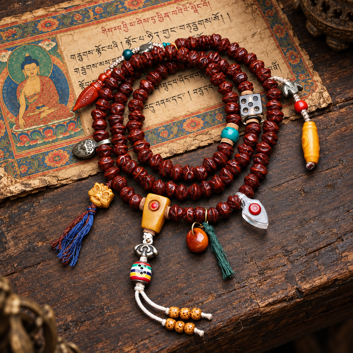 EverestArtstudios Bodhi Seed 108-Bead Mala with Dzi-Style and Vajra Motif Accents — full product