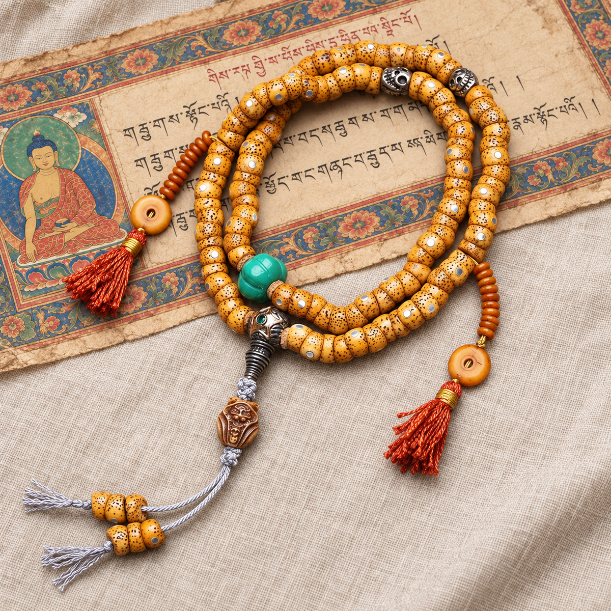 EverestArtstudios Textured Xingyue Bodhi 108-Bead Mala with Bone Accents — full product
