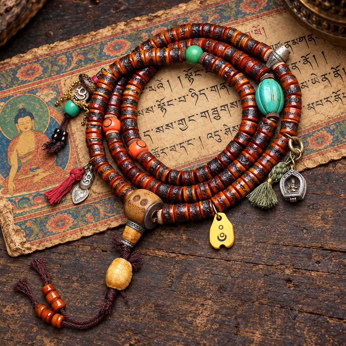 EverestArtstudios Yak Bone 108-Bead Mala with Ghau Pendant and Hanging Charm — full product