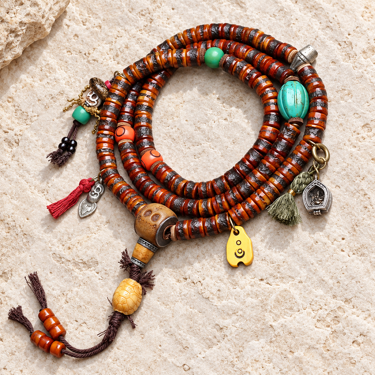 EverestArtstudios Yak Bone 108-Bead Mala with Ghau Pendant and Hanging Charm — overall display