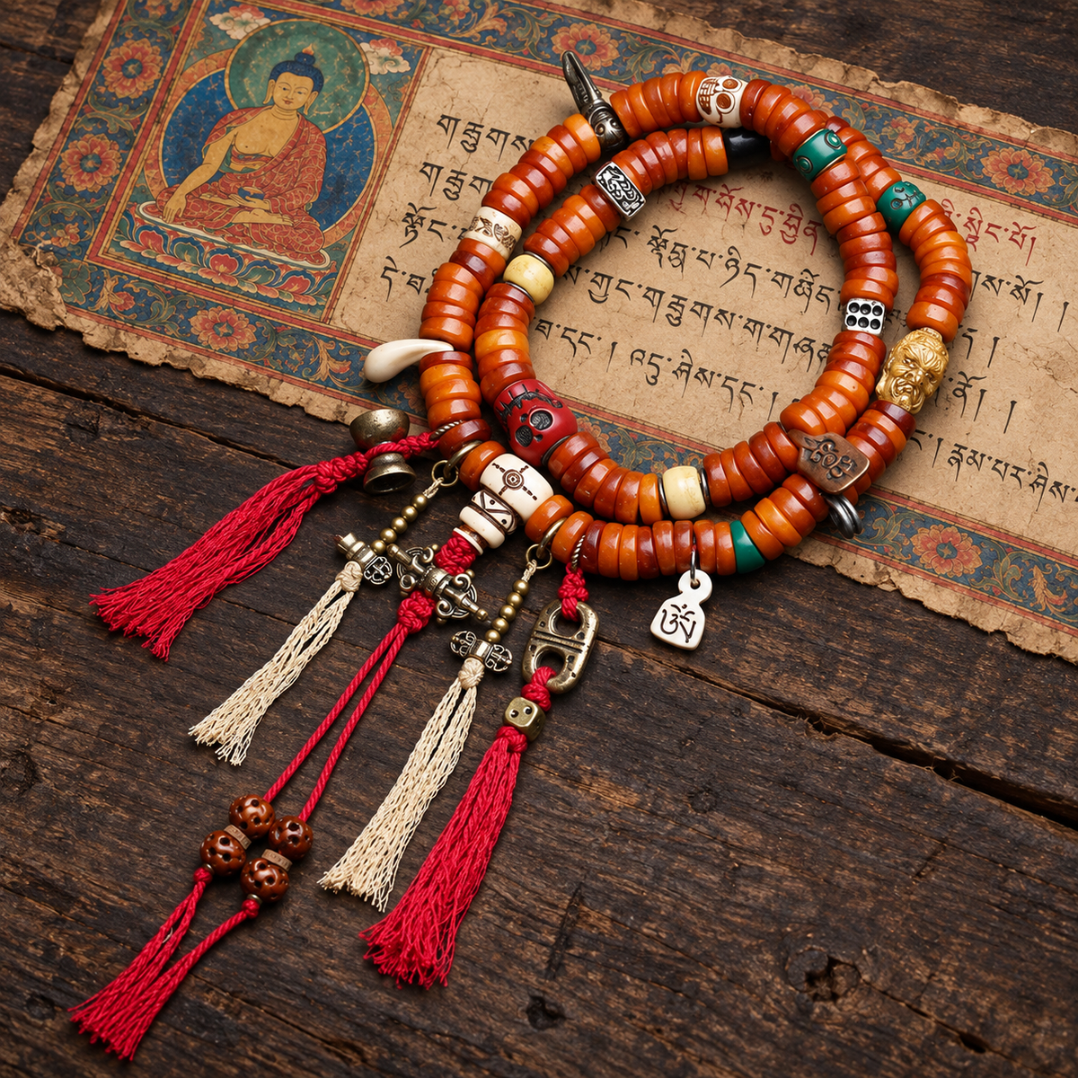 EverestArtstudios Bone 108-Bead Mala with Carved and Metal-Tone Accents — full product