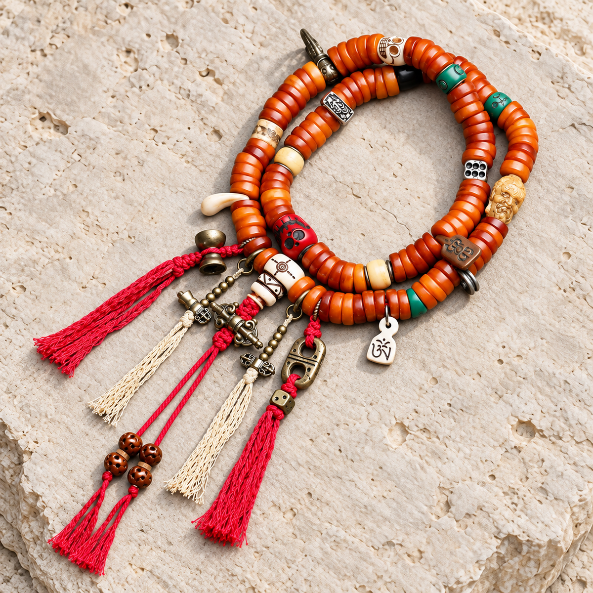 EverestArtstudios Bone 108-Bead Mala with Carved and Metal-Tone Accents — overall display