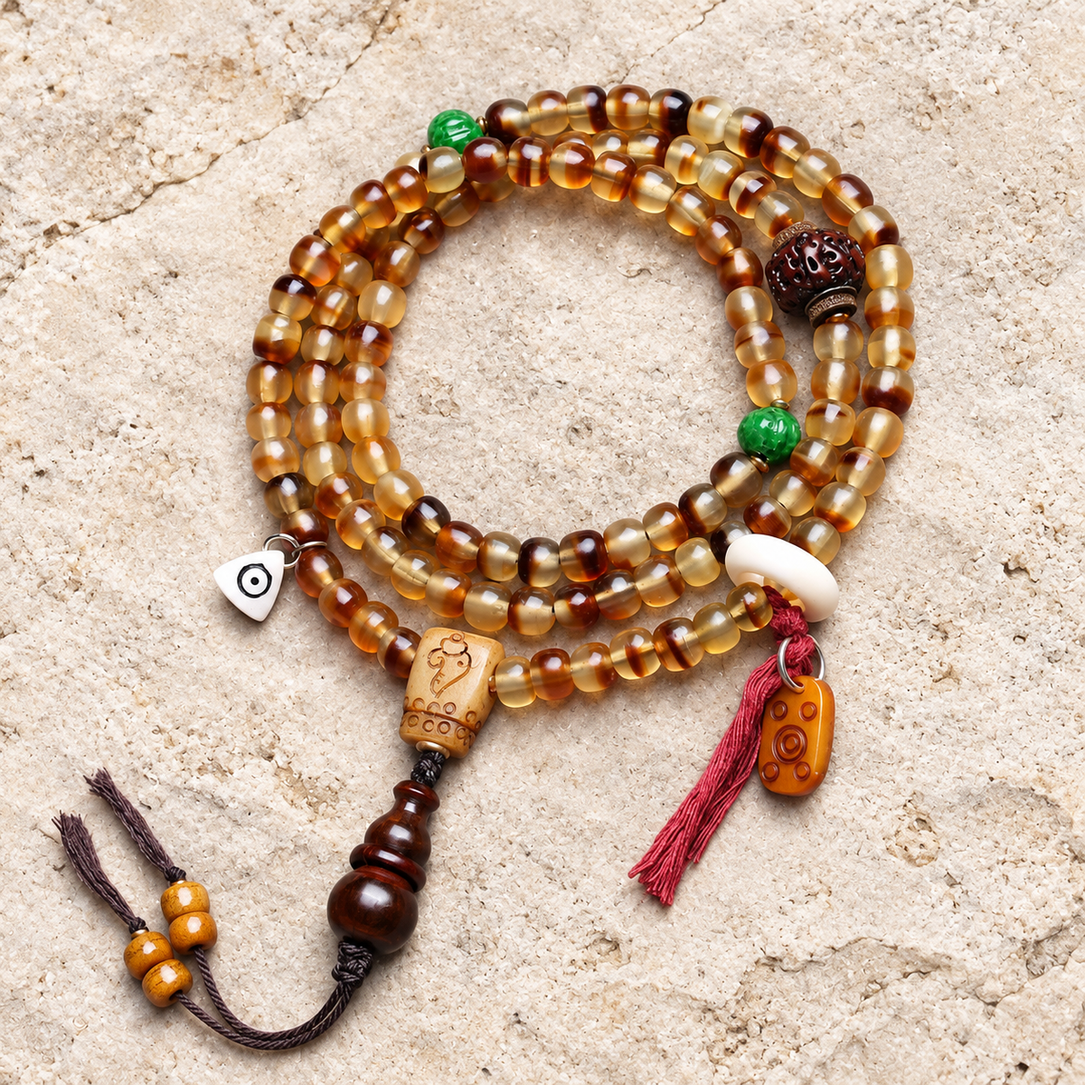 EverestArtstudios Golden Armor Barrel-Bead Mala with Vajra Bodhi and Horn Accents — overall display