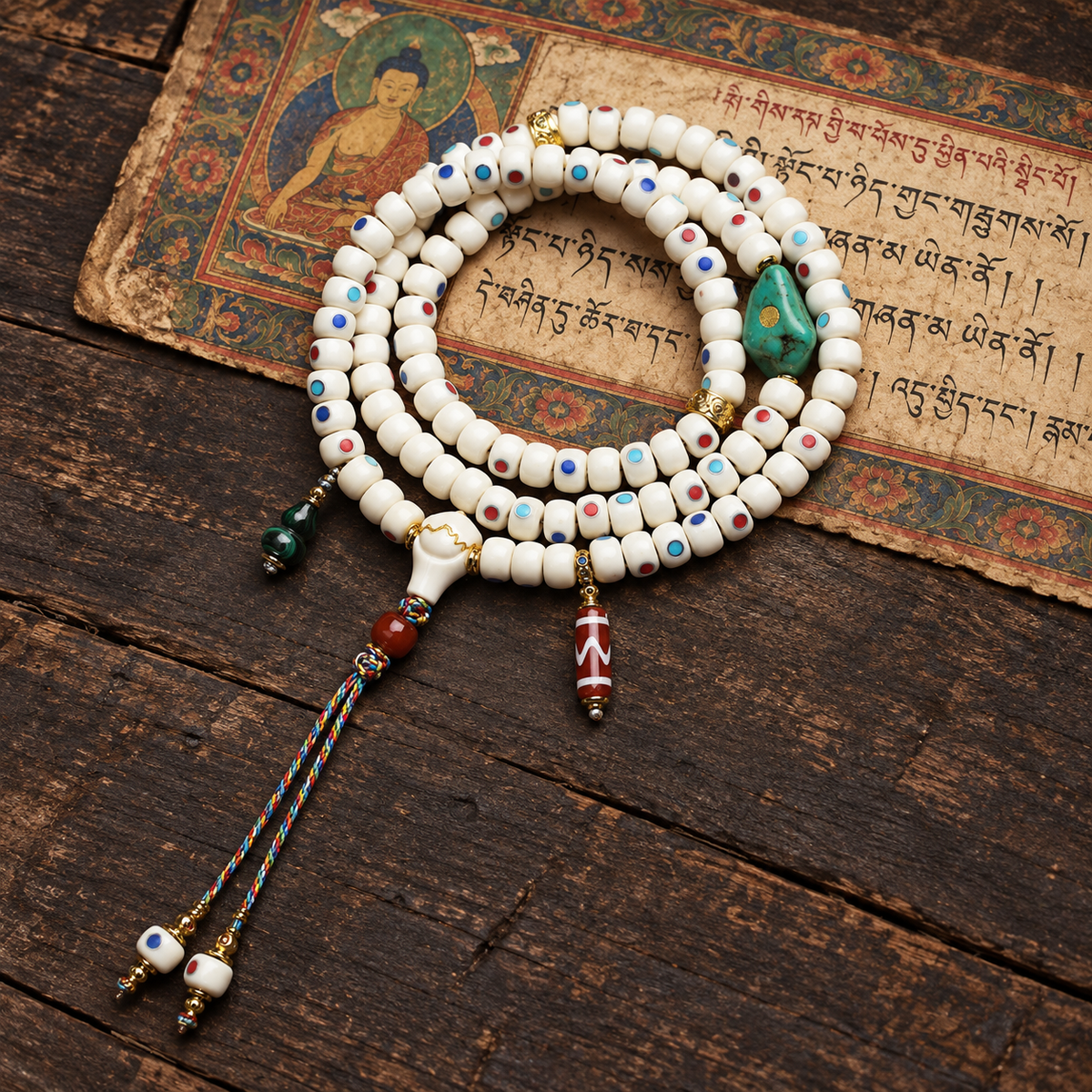 EverestArtstudios Inlaid Deer Bone 108-Bead Mala with Agate and Coconut Accents — full product