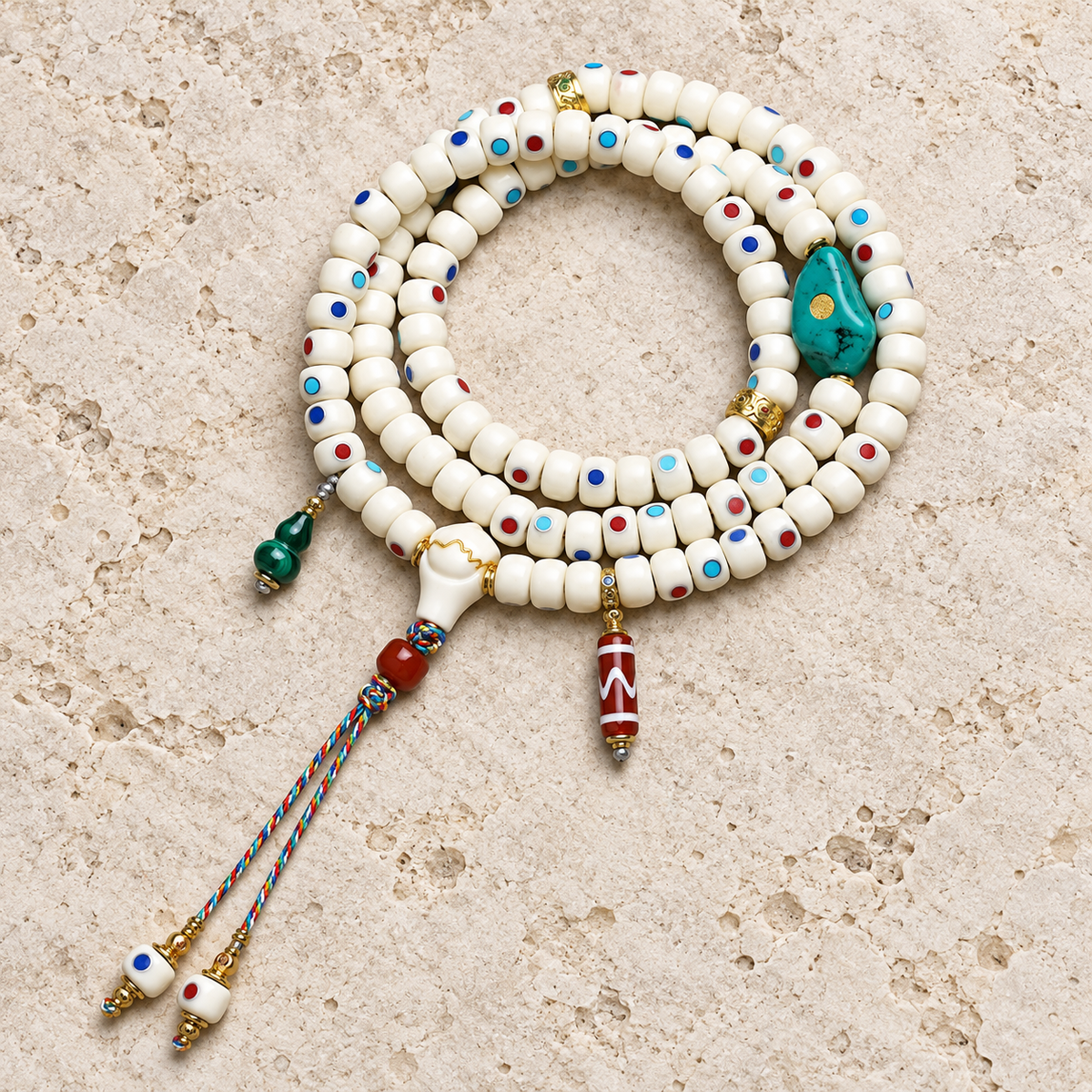 EverestArtstudios Inlaid Deer Bone 108-Bead Mala with Agate and Coconut Accents — overall display