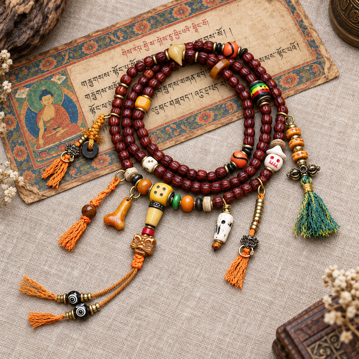 EverestArtstudios Cut Bodhi Seed 108-Bead Mala with Pixiu and Vajra Motif Charms — full product