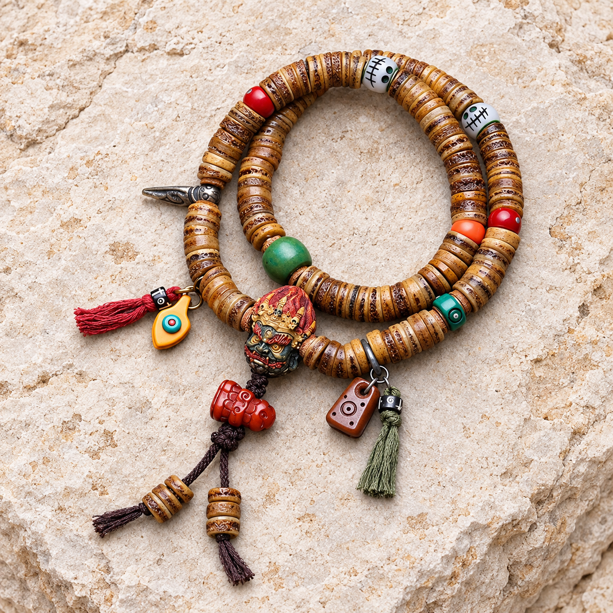 EverestArtstudios Camel Bone 108-Bead Mala with Carved Mahakala-Inspired Accent — overall display