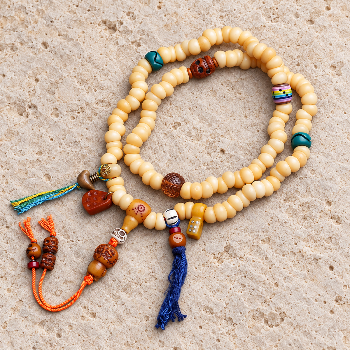 EverestArtstudios Golden-Tone Camel Bone 108-Bead Mala with Yak Bone Accents — overall display