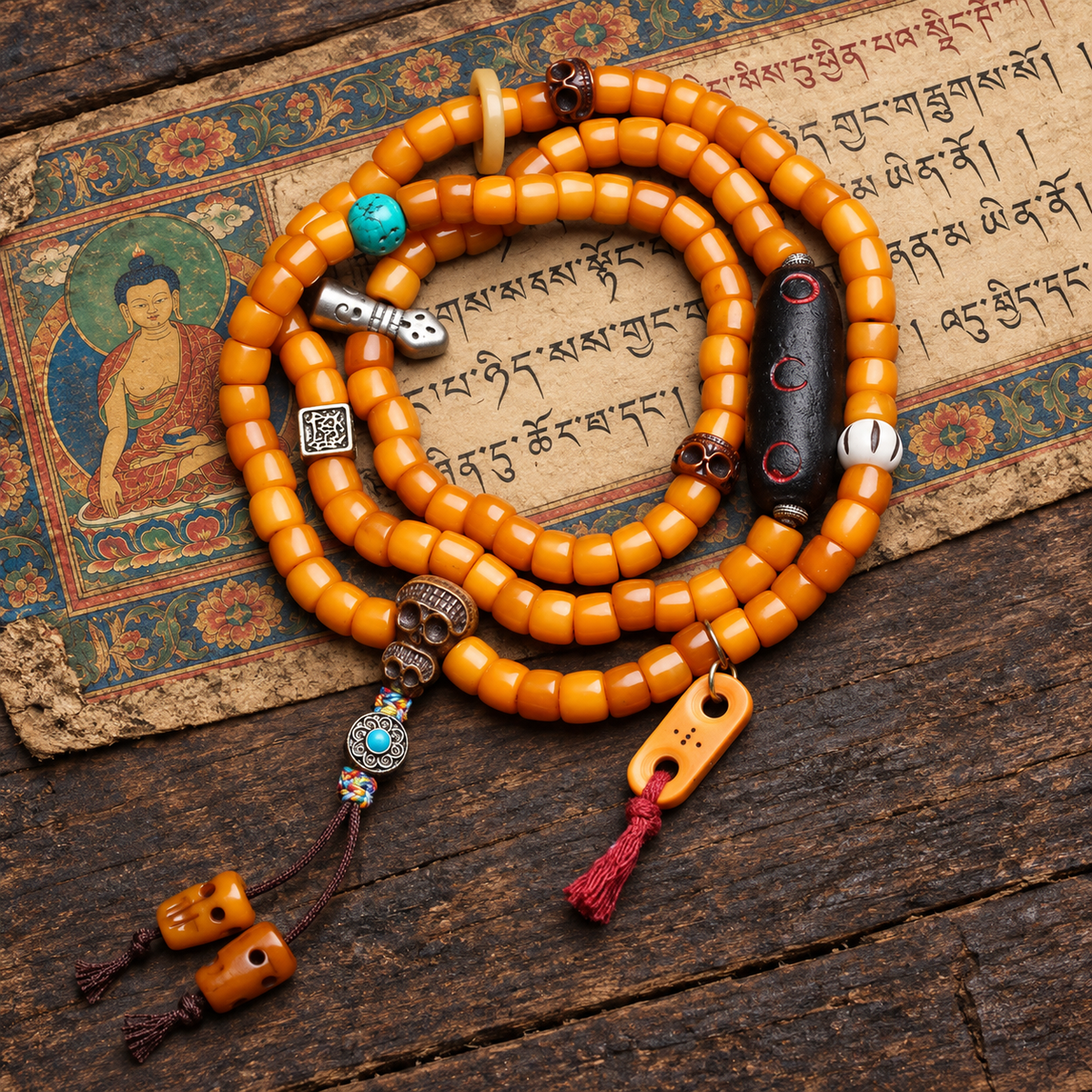 EverestArtstudios Bone 108-Bead Mala with Carved Yak Bone Accents — full product