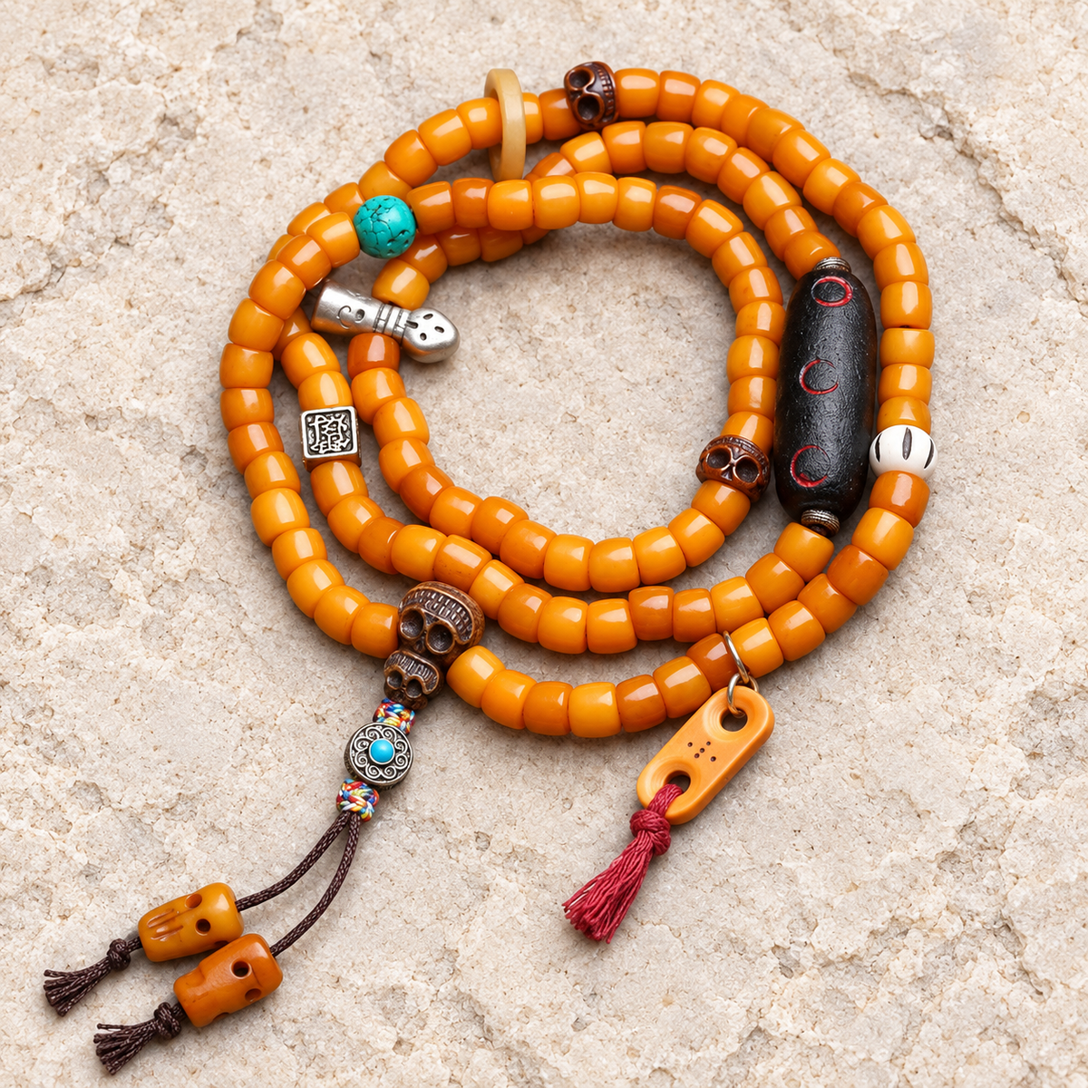 EverestArtstudios Bone 108-Bead Mala with Carved Yak Bone Accents — overall display